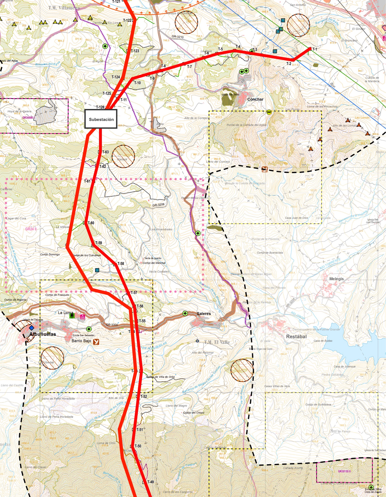 la ruta de las lineas electricas, y la ubicacion de la subestacion nueva.